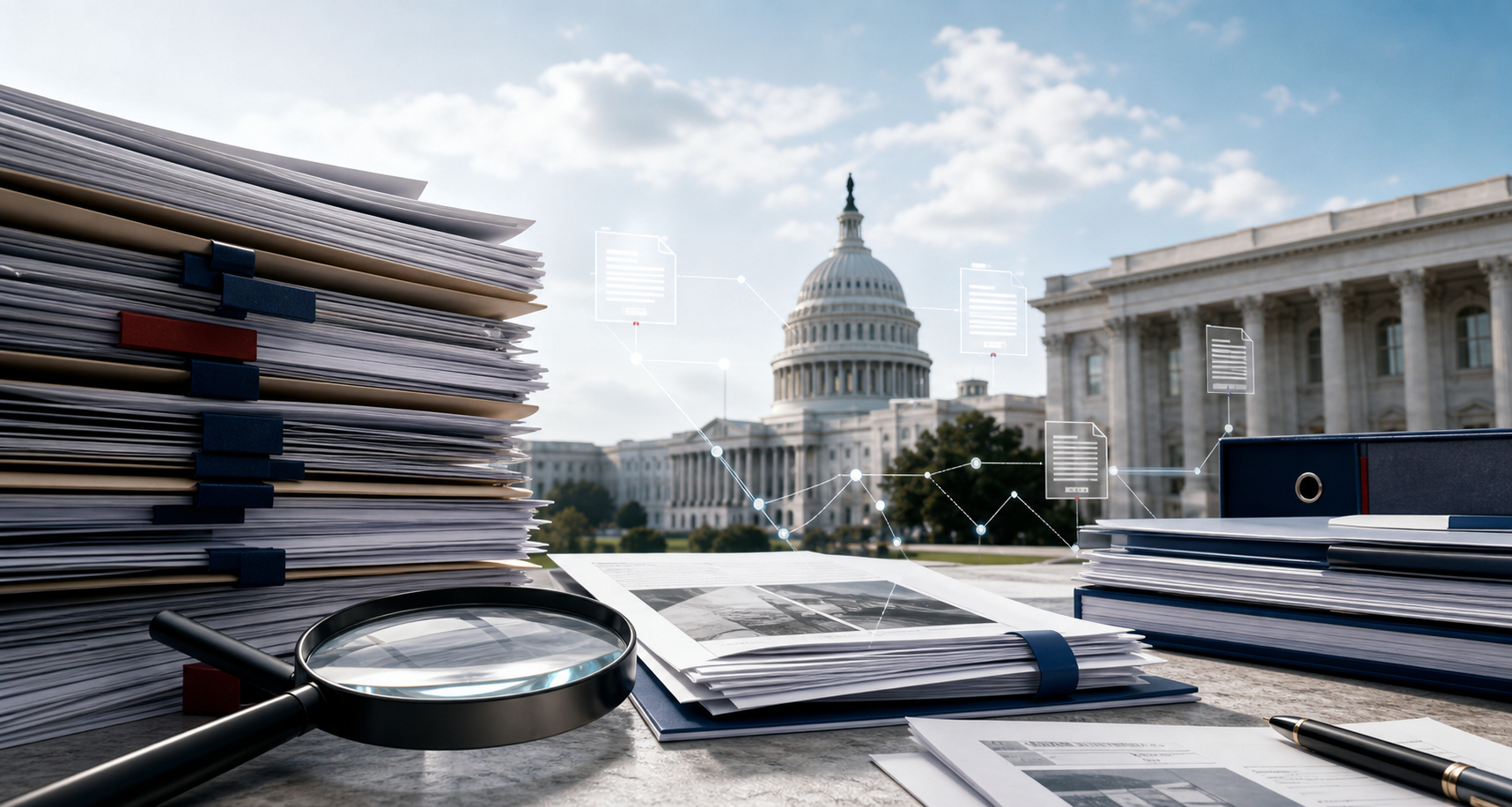 Public records, source documents, and civic evidence connected by data lines